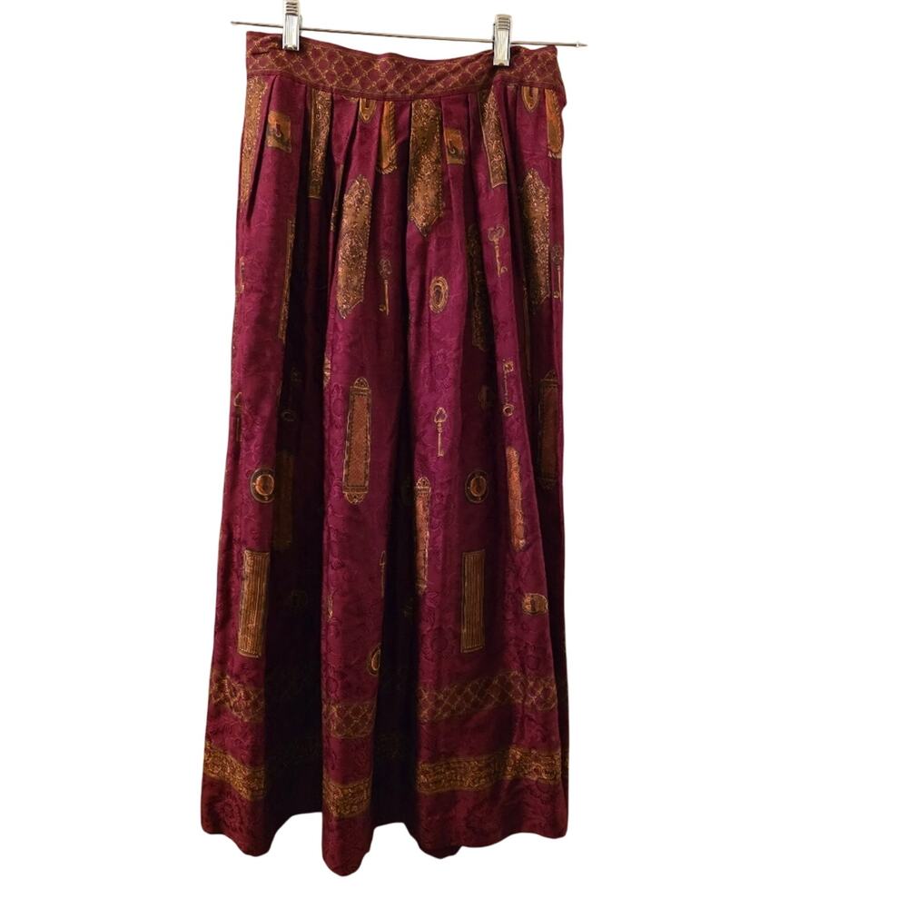 Vtg 80s Hermen Geist Rayon Jacquard Print Maxi Skirt Victorian Key Pattern Sz 10